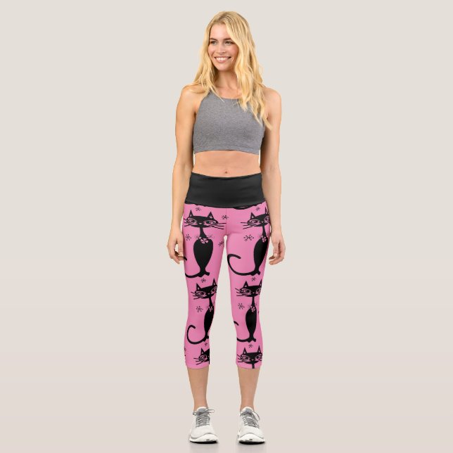 BLACK ATOMIC CAT CAPRI PINK YOGA LEGGINGS (Front)