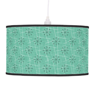 Black Atomic Starbursts on Aqua Mid-Century Pendant Lamp