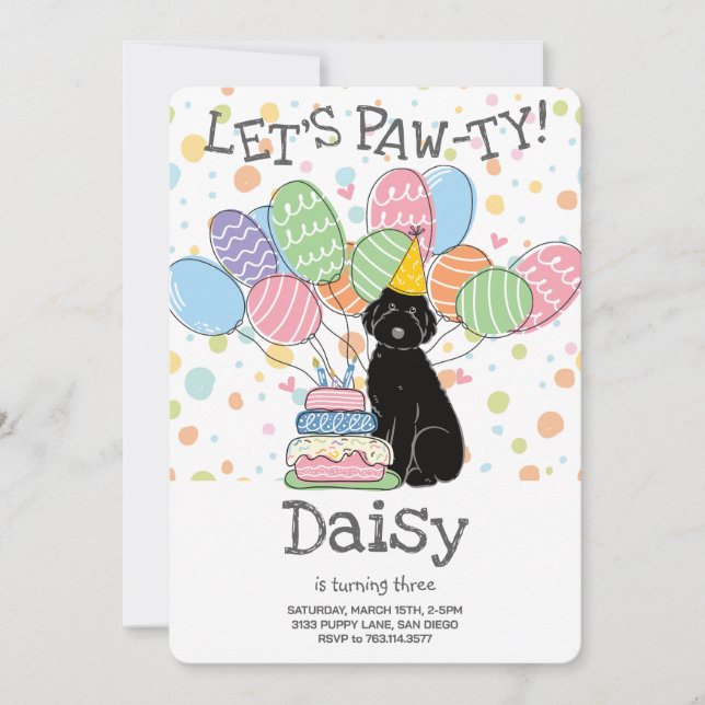 Black Aussiedoodle Birthday Party Invitation (Front)