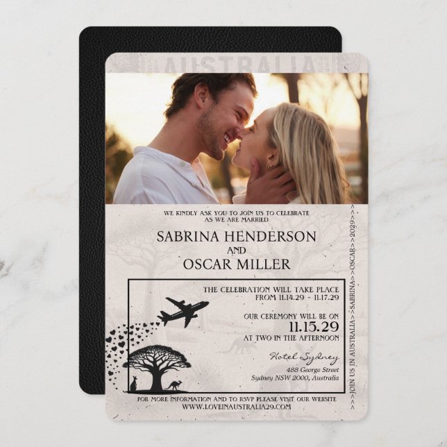 Black Australia Passport Wedding Invitation (Front/Back)