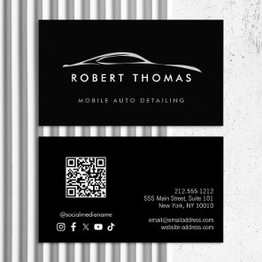 Black Auto Detailing, Auto Repair Logo QR Code Business Card