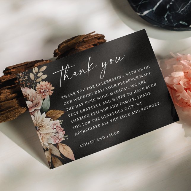 Black Autumn Blossom | Boho Fall Floral Wedding  Thank You Card (Creator Uploaded)