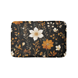 Black Autumn Boho Vintage Gold Floral Pattern Bath Mat