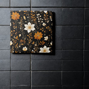 Black Autumn Boho Vintage Gold Floral Pattern Ceramic Tile