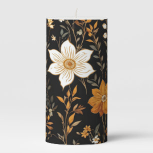 Black Autumn Boho Vintage Gold Floral Pattern Pillar Candle