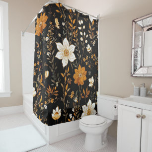 Black Autumn Boho Vintage Gold Floral Pattern Shower Curtain