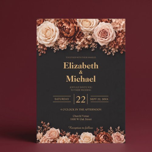 Black Autumn Rose Floral Wedding Invitation