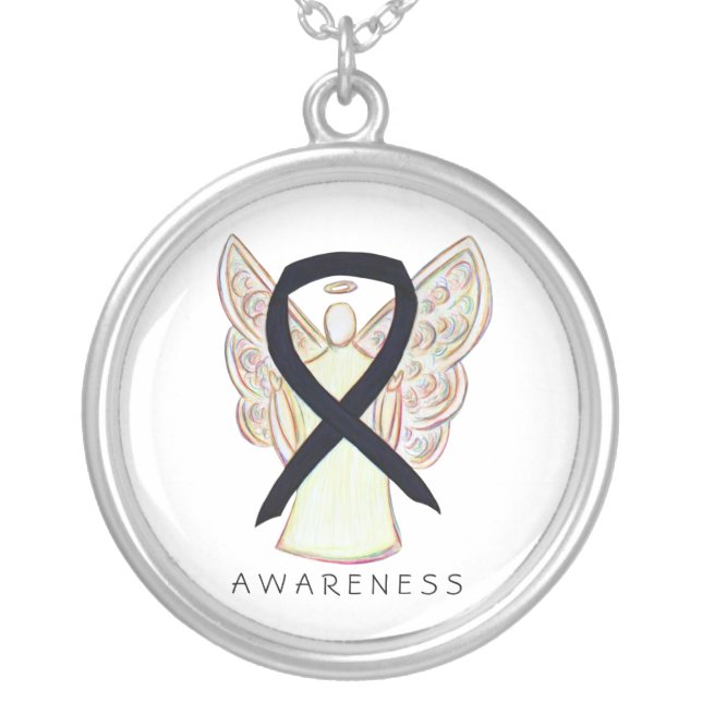Black Awareness Ribbon Angel Jewelry Necklace (Front)