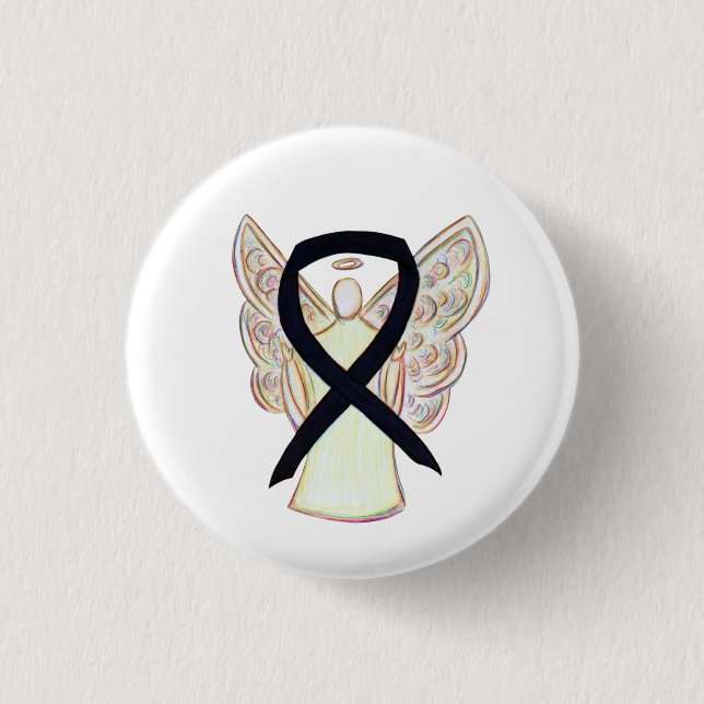 Black Awareness Ribbon Art Customized Angel Button (Front)