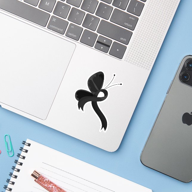 Black Awareness Ribbon Butterfly Sticker (Laptop w/ iPhone)