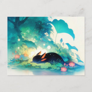 Black Axolotl Sleeping in Magical Tropical Pond Postcard