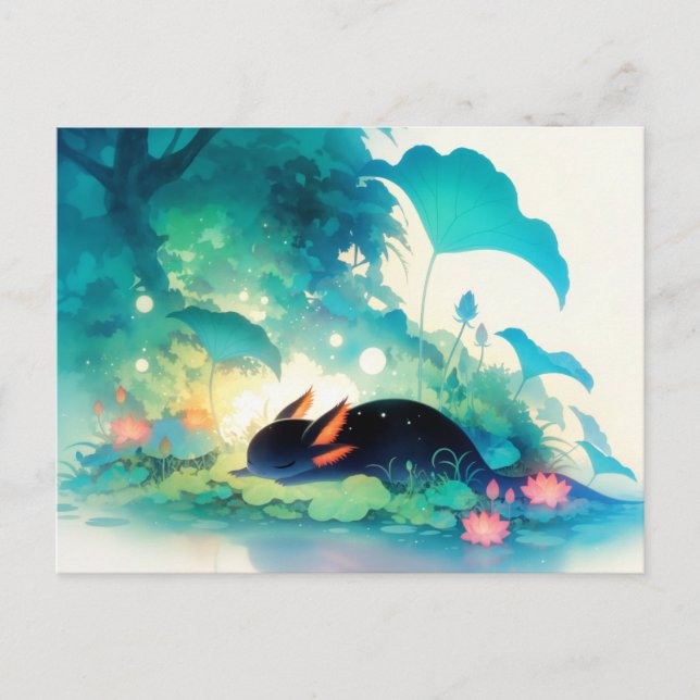 Black Axolotl Sleeping in Magical Tropical Pond Postcard (Front)