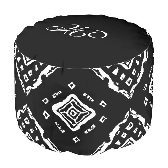 *~ Black Aztec Tribal Native American Monogram Pouf (Angled Front)