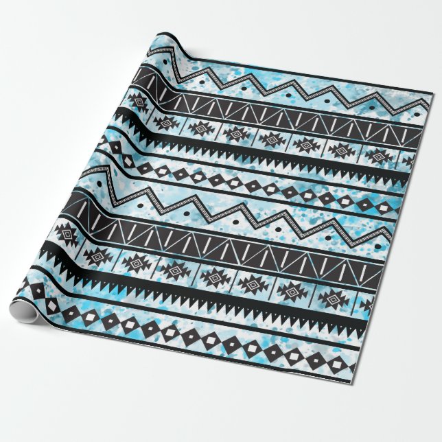 Black Aztec Tribal Pattern & Blue Watercolor Wrapping Paper (Unrolled)