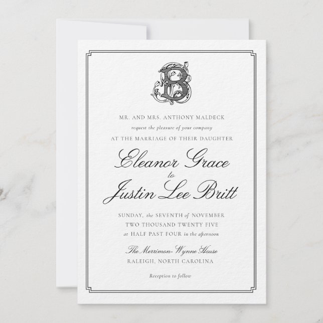 Black "B" Monogram Wedding Invitation (Front)