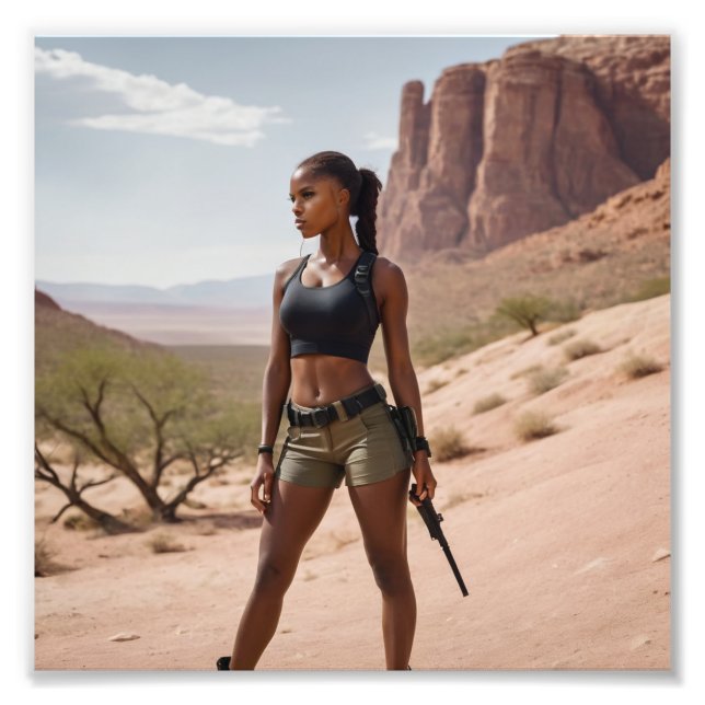 Black Babe in Khaki Shorts Looking Out Desert Photo Print (Front)