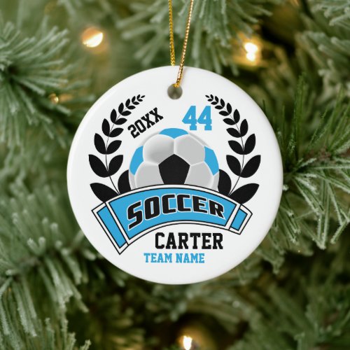 Black, Baby Blue and White Personalize Soccer  ⚽ Ceramic Ornament