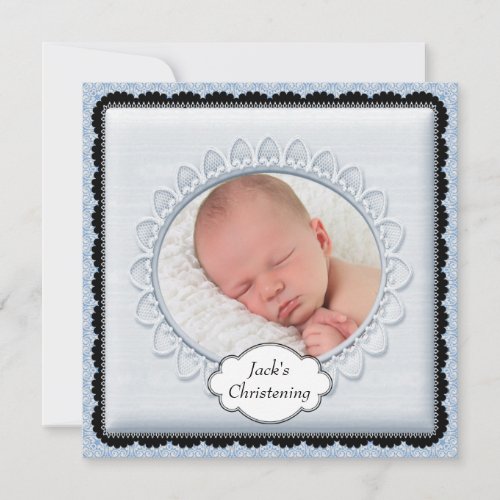 Black Baby Blue Boys Photo Christening Invitations