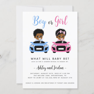 Black Baby Car Race Gender Reveal Invitation