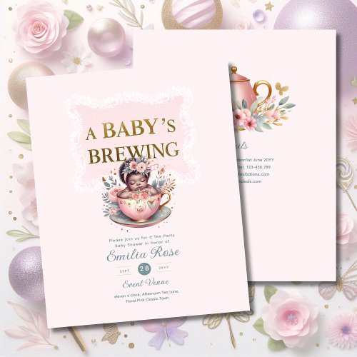 Black Baby Girl is Brewing Tea Party Shower Floral