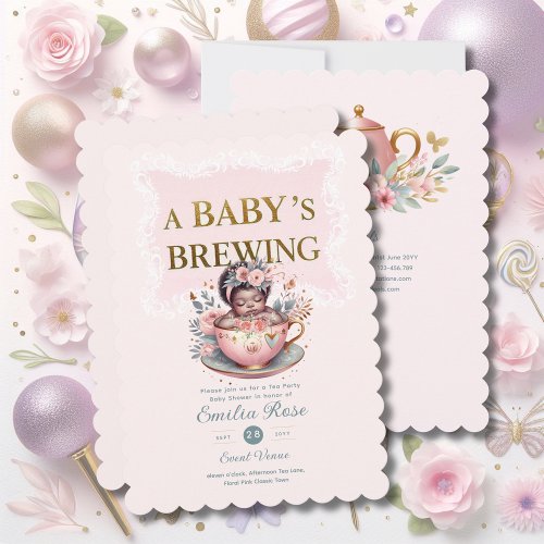 Black Baby Girl is Brewing Tea Party Shower Floral Invitation