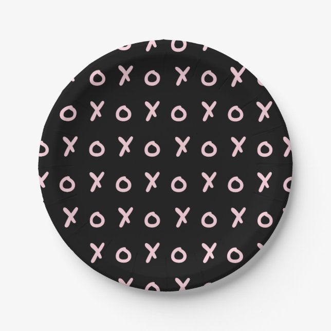 Black & Baby Pink X O XO XO's Trendy Cute Paper Plates (Front)