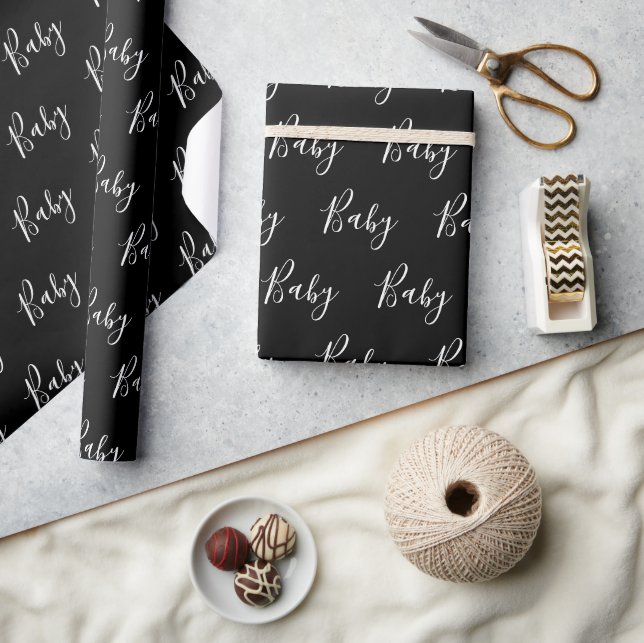Black Baby Script Elegant Baby Wrapping Paper (Crafts)