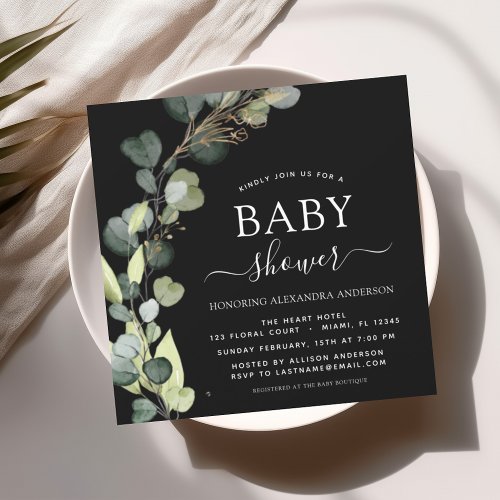 Black Baby Shower Greenery Eucalyptus Invitation