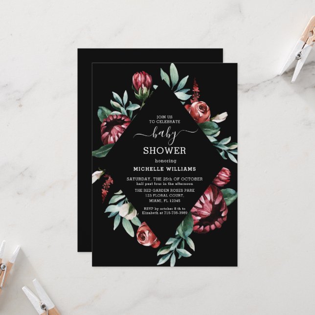 Black Baby Shower with Red Roses Floral Invitation (Front/Back In Situ)