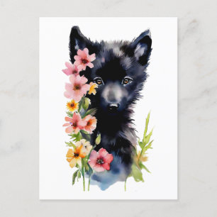Black Baby Wolf cub watercolor art painting Postcard