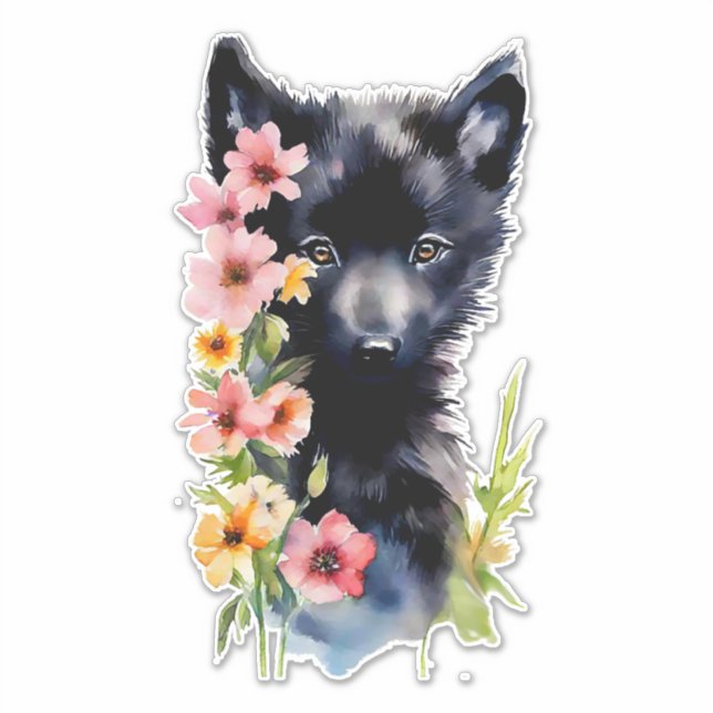 Black Baby Wolf cub watercolor art painting Sticker (Front)