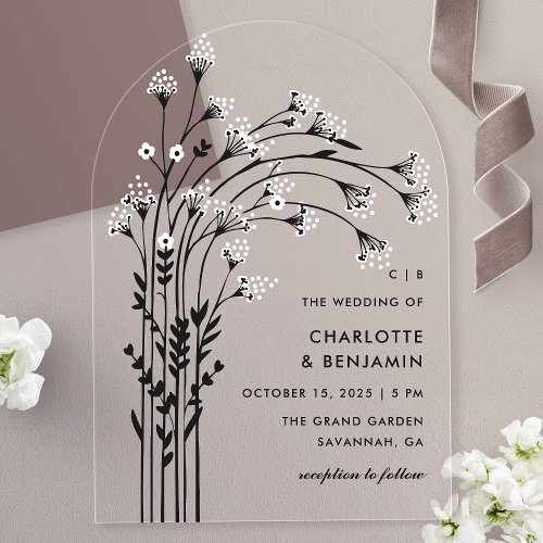 Black Baby'S Breath Arch Wedding Acrylic Invitations