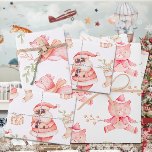 Black Babys First Christmas Bear Fox Black Santa  Wrapping Paper Sheets