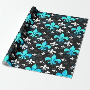 Black Back Blue White Fleur De Lis  Wrapping Paper