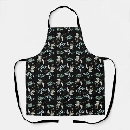 Black Background and Green Leaves Kitchen Apron