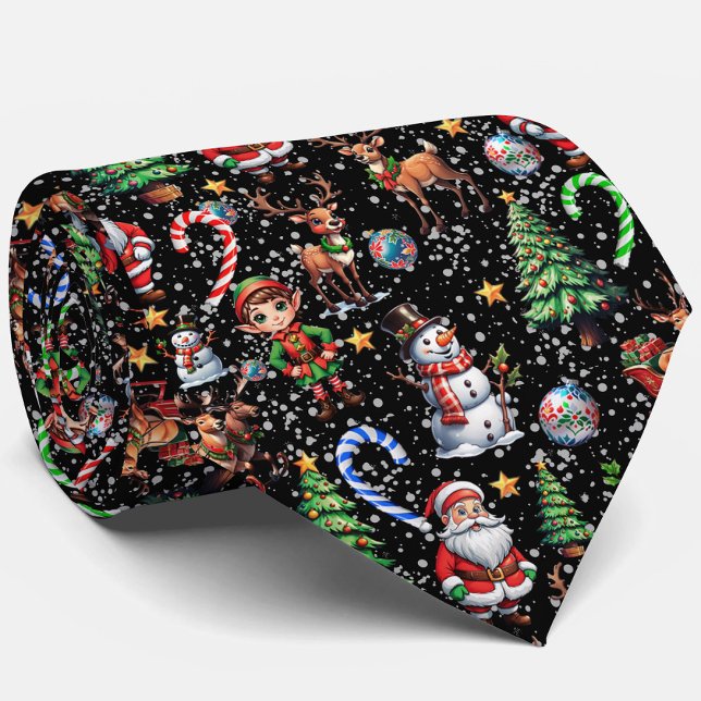 Black Background Christmas Decorative Pattern Neck Tie (Creator Uploaded)