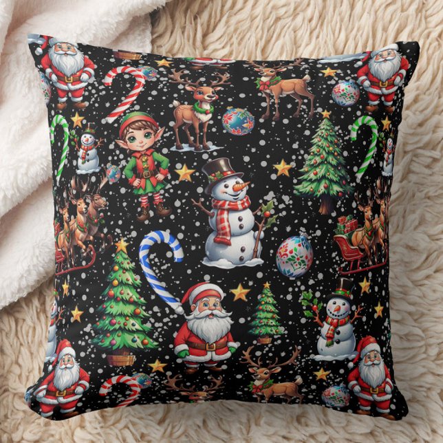 Black Background Christmas Decorative Pattern Throw Pillow (Creator Uploaded)