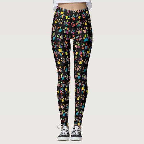 Black Background Colorful Cat Paws  Claws Print Leggings