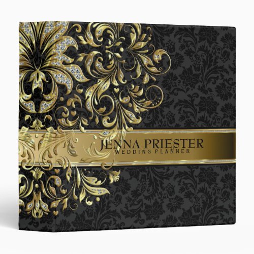 Black Background Faux Glitter  Gold Floral Lace Binder