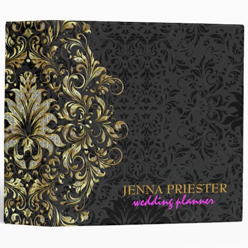 Black Background Glitter  Gold Floral Lace 2 Binder