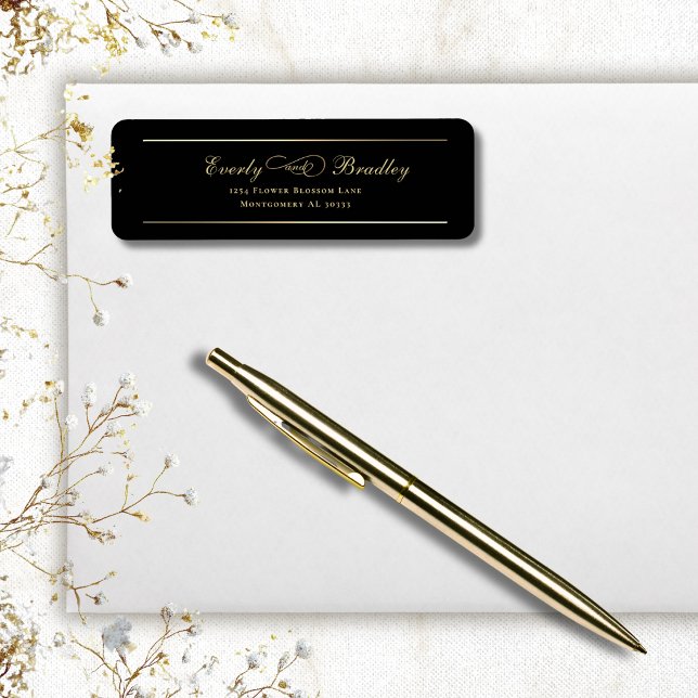 Black Background Gold Script Border Elegant Return Label (Creator Uploaded)
