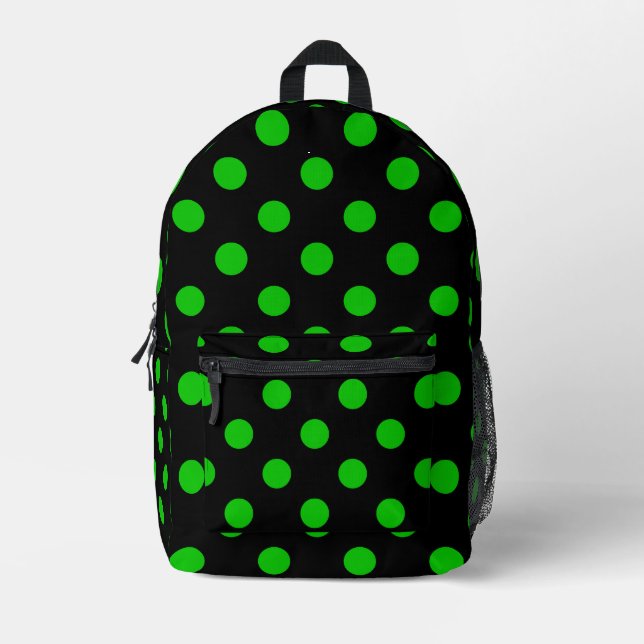Black Background Green Polka Dots Printed Backpack (Front)