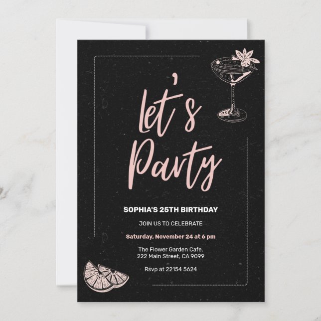 Black Background Pink Cocktail Birthday Invitation (Front)