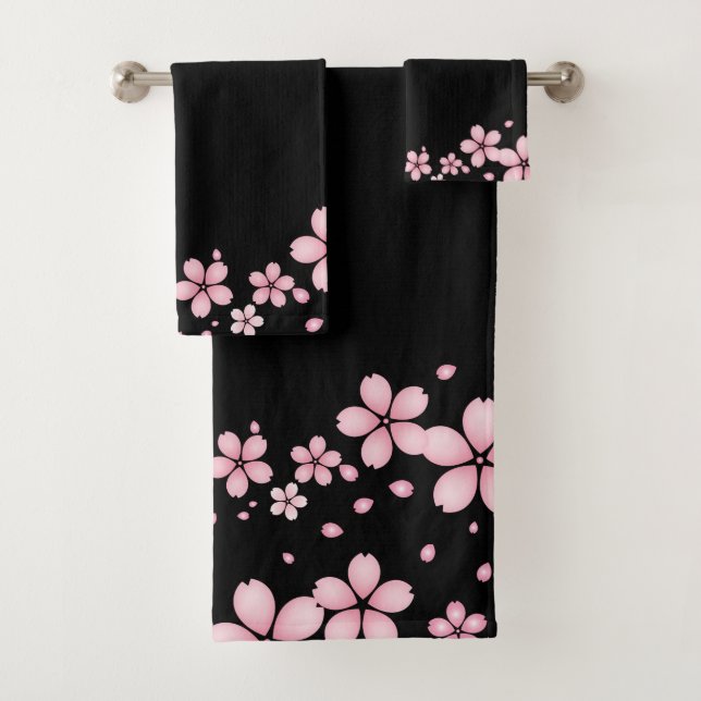 Black Background Pink Floral Border Bath Towel Set (Insitu)