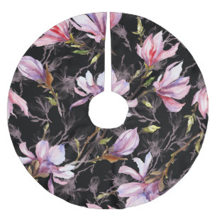 Black Background Pink Magnolia Watercolor Brushed Polyester Tree Skirt