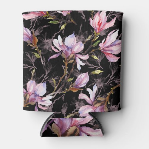 Black Background Pink Magnolia Watercolor Can Cooler