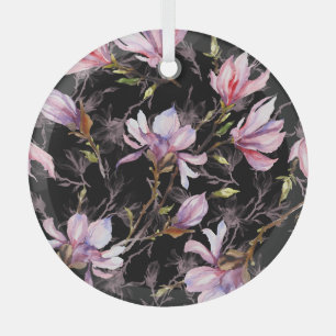 Black Background Pink Magnolia Watercolor Glass Ornament