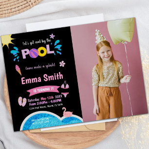 Black Background Pool Birthday Invitations w photo
