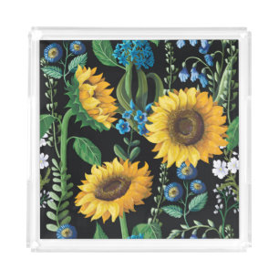Black Background Sunflower Pattern Acrylic Tray