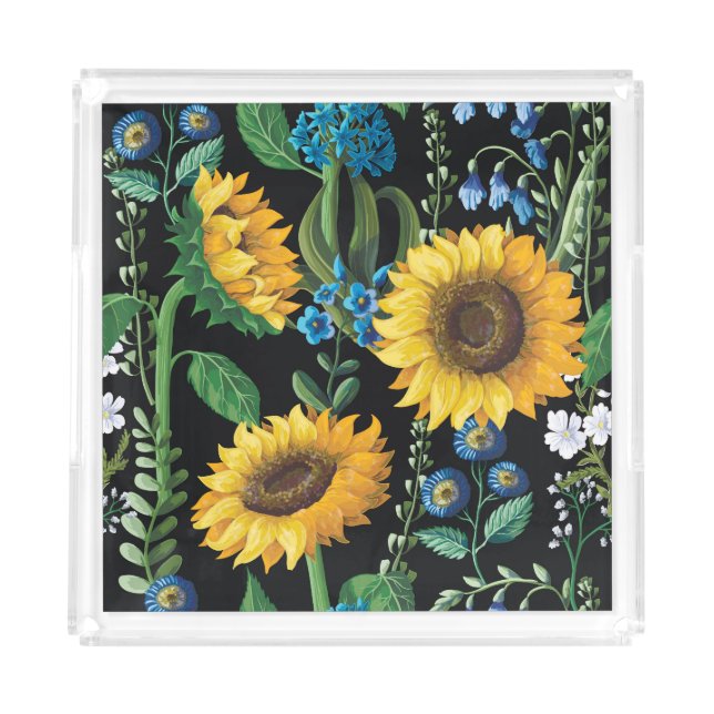 Black Background Sunflower Pattern Acrylic Tray (Front)